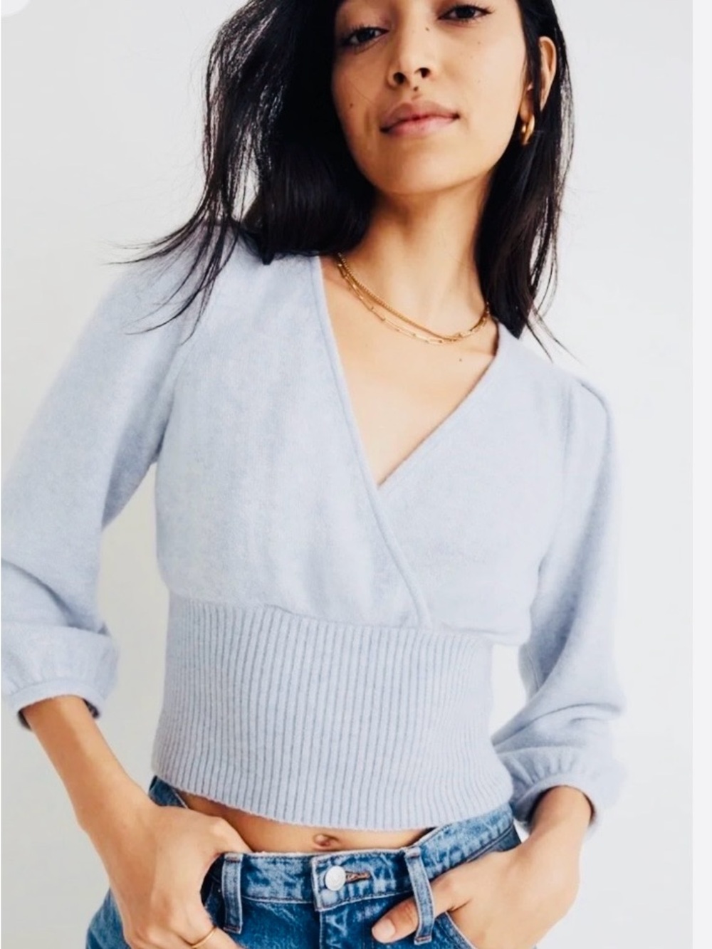 Madewell Pale Blue V-Neck Ribbed Waist Sweater (S)